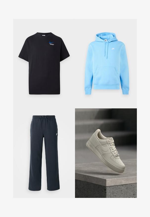 Hele sinine Nike kapuutsiga dressipluus esitasku, reguleeritava nööriga kapuutsiga ja väikese valge Nike logoga rinnal, ühtlase tausta ees.; Must värvi lühikese varrukaga T-särk, millel on väike sinine Nike swoosh ja valge tekst "ATHLETIC DEPT JUST DO IT." vasakus ülanurgas.; Tumedast meresinised dressipüksid elastse vöökoha ja nööriga. Valmistatud pehmest kangast, vasakul puusal väike valge logo.; Üks beež paeltega toss hõljub hallil betoonpinnal, Nike’i logo on nähtav, trepitaust on udune.