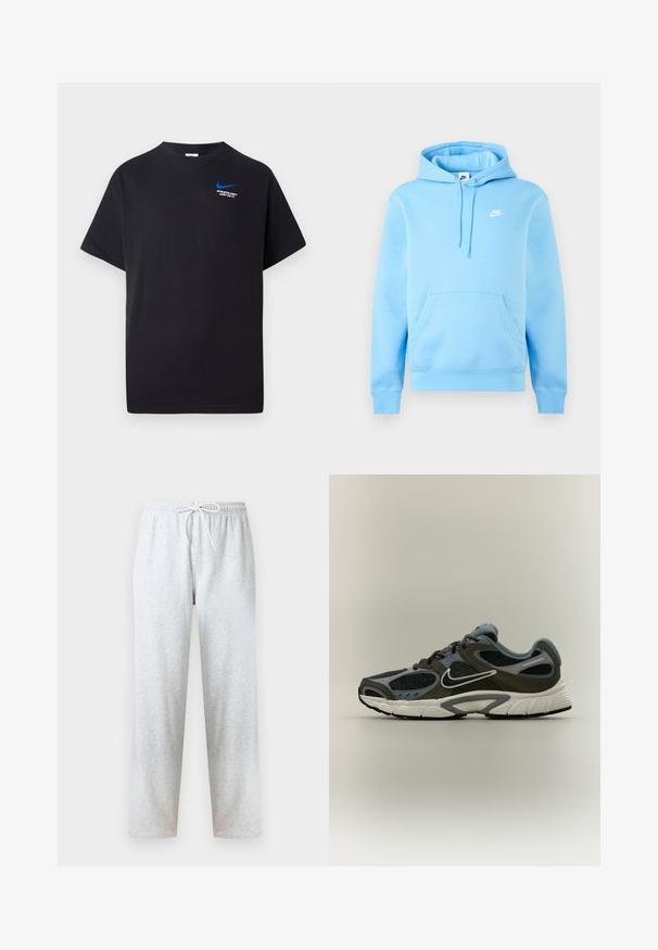 Hele sinine Nike kapuutsiga dressipluus esitasku, reguleeritava nööriga kapuutsiga ja väikese valge Nike logoga rinnal, ühtlase tausta ees.; Must värvi lühikese varrukaga T-särk, millel on väike sinine Nike swoosh ja valge tekst "ATHLETIC DEPT JUST DO IT." vasakus ülanurgas.; Hallid dressipüksid, mis on valmistatud pehmest kangast, millel on elastne vöökoht paelaga ja sirged sääred. Muster või aktsendid puuduvad.; Mustast ja hallist Nike jooksujalats valge tallaga ja logoga, hingavate võrkpaneelidega ja polsterdatud kaelusega, näidatud küljelt neutraalsel taustal.