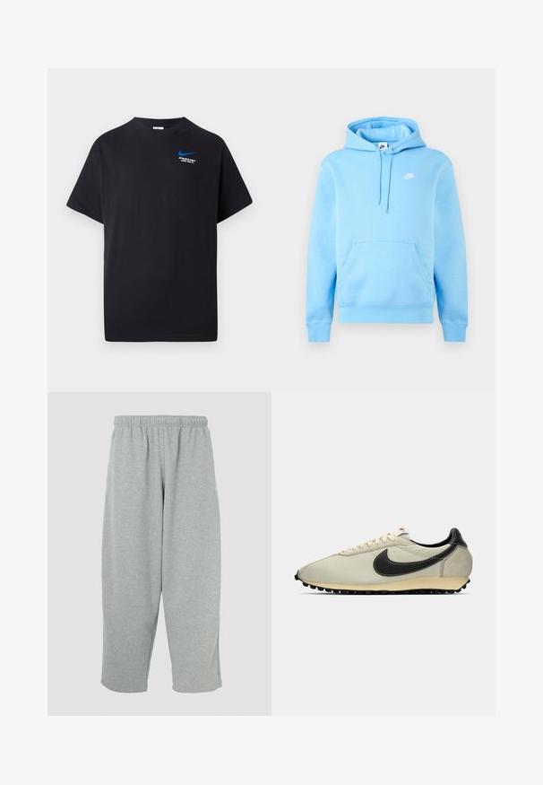 Svetlomodrá mikina s kapucňou Nike s predným vreckom, nastaviteľnou šnúrkou na kapucni a malým bielym logom Nike na hrudi na jednofarebnom pozadí.; Čierne tričko s krátkym rukávom, s malým modrým Nike swoosh a bielym textom "ATHLETIC DEPT JUST DO IT." na hornej ľavej strane hrudi.; Svetlosivé tepláky s elastickým pásom, zúženým strihom nohavíc a mäkkou textúrou. Bez viditeľného loga alebo vzorov.; Beige plátené tenisky s čiernymi koženými akcentmi, zaoblenou špičkou, plochou čiernou podrážkou a bielymi šnúrkami. Obsahujú výrazné čierne logo.