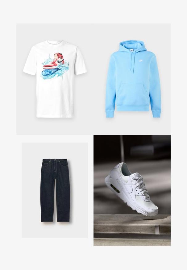 Lichtblauwe Nike hoodie met voorzak, verstelbare trekkoordkap en klein wit Nike-logo op de borst tegen een effen achtergrond.; Witte t-shirt met een kleurrafische afbeelding van rode en zwarte sneakers boven gestileerde blauwe waterspatten. Ronde hals, korte mouwen, normale pasvorm.; Donkerblauwe denim jeans met een losse pasvorm, vijf zakken en contrasterende stiksel. Voorzien van een knoop- en ritssluiting. Gladde textuur.; Witte Nike Air Max 90 sneaker met een bovenwerk van mesh en leer, een geperforeerde teenbox en een zichtbare luchtunit in de hiel.