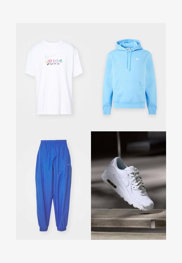 Hele sinine Nike kapuutsiga dressipluus esitasku, reguleeritava nööriga kapuutsiga ja väikese valge Nike logoga rinnal, ühtlase tausta ees.; Valge puuvillane T-särk lühikeste varrukatega, mille ees on mitmevärviline tekst "LIHTSALT TEHA." ja Nike'i logo.; Sinised spordipüksid, mis on valmistatud kergest kangast, elastse vöökoha, kinnitatud ääride ja valgete külgribadega.; Valge nahast tennisete õhustuskujuga pinnad, pehmendustega krae ja nähtav õhuklapp tallas. Omab paelu ja minimaliseeritud disaini.
