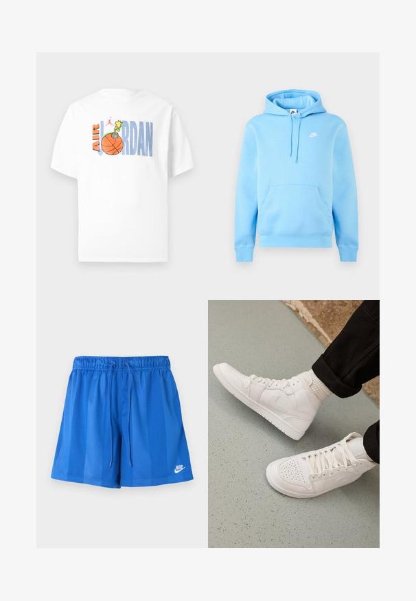Ανοιχτό μπλε φούτερ με κουκούλα Nike με μπροστινή τσέπη, ρυθμιζόμενη κουκούλα με κορδόνι και μικρό λευκό λογότυπο Nike στο στήθος σε μονόχρωμο φόντο.; Λευκό βαμβακερό μπλουζάκι με πολύχρωμο γραφικό σχέδιο που απεικονίζει το «Air Jordan», μια μπάλα του μπάσκετ και μια καρτουνίστικη εκρηκτική λεπτομέρεια.; Μπλε αθλητικό σορτς με ελαστική ζώνη μέσης και κορδόνι, με λευκό λογότυπο Nike στο κάτω αριστερό πόδι.; Λευκά ψηλά αθλητικά παπούτσια από λείο δέρμα με διατρυπημένη μύτη, κλείσιμο με κορδόνια και διακριτική λεπτομέρεια του λογότυπου στο πλάι. Αυξημένη σόλα από καουτσούκ με υφή.
