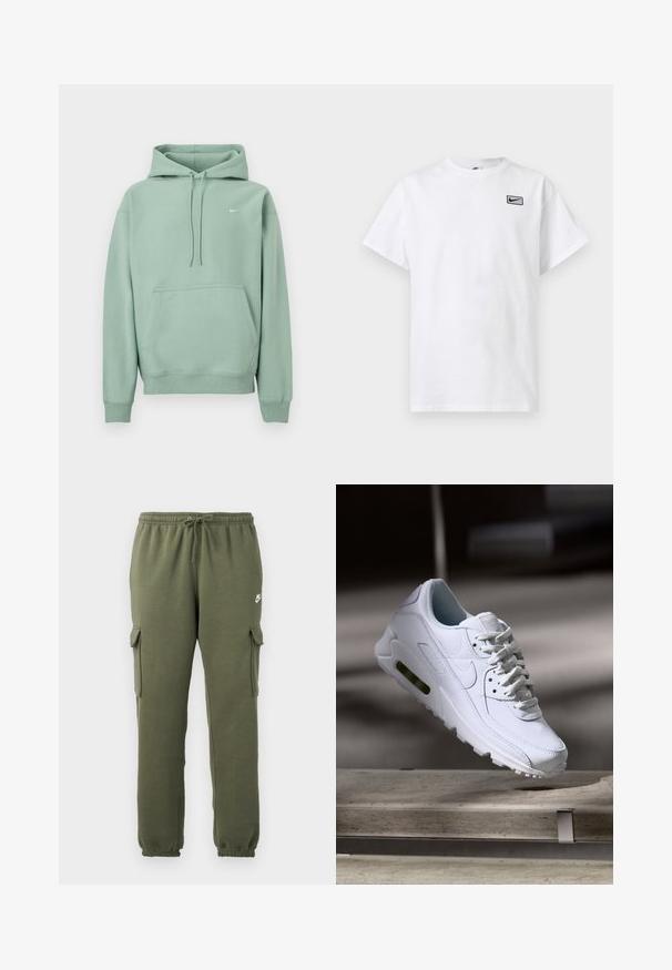 Lichtgroene pullover hoodie met kangoeroezak, trekkoorden en klein wit Nike-logo aan de linkerborst, afgebeeld tegen een witte achtergrond.; Wit T-shirt met korte mouwen en ronde hals, met een klein zwart Nike swoosh-logo in een rechthoek op de linkerborst.; Olijfgroene cargobroek met elastische tailleband, trekkoordsluiting, zijzakken en een logo op de dij. Gladde katoenmix stof.; Witte leren sneaker met gestructureerde oppervlakken, gevoerde kraag en zichtbare luchtbescherming in de zool. Heeft veters en een minimalistisch ontwerp.