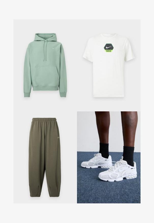 Lysegrøn pullover hoodie med kængurulomme, snoretræk og lille hvid Nike-logo på venstre bryst mod en hvid baggrund.; Hvid Nike T-shirt med korte ærmer, der har et sort og grønt sekskantet logo med Nike swoosh og tekst centreret på brystet.; Grågrønne sweatpants med elastisk talje og manchetter. Har minimal branding i matchende tråd på siden. Blød tekstur.; Hvide atletik-sko med mesh-overdel, teksturerede accenter og polstret sål. Parret med sorte ribbede ankelstrømper på en blå tæppebelagt overflade.