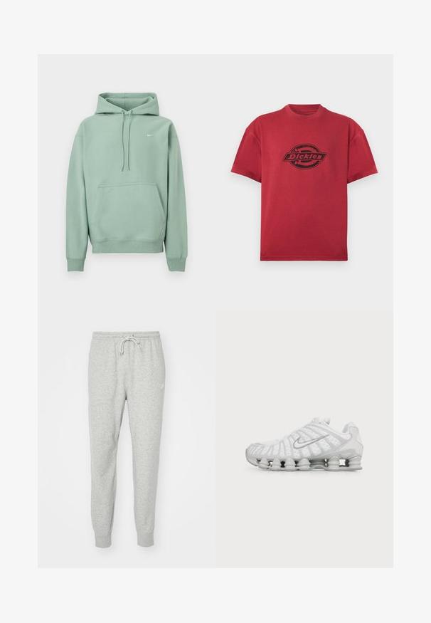 Heleroheline kapuutsiga dressipluus kängurutasku, nöörid ja väike valge Nike logo vasakul rinnal, valge taustal.; Punane lühikeste varrukatega ümarlõikega t-särk, millel on esikülje keskel must "Dickies" logo.; Hallid hallid dressipüksid, mis on valmistatud pehmest materjalist, millel on elastne vöökoht, paelakk ja ribakäised. Küljel on väike logo.; Valge Nike toss, millel on iseloomulik laineline disain ja vedru sarnane polsterdus tallal, nähtud küljelt ühtlasel taustal.