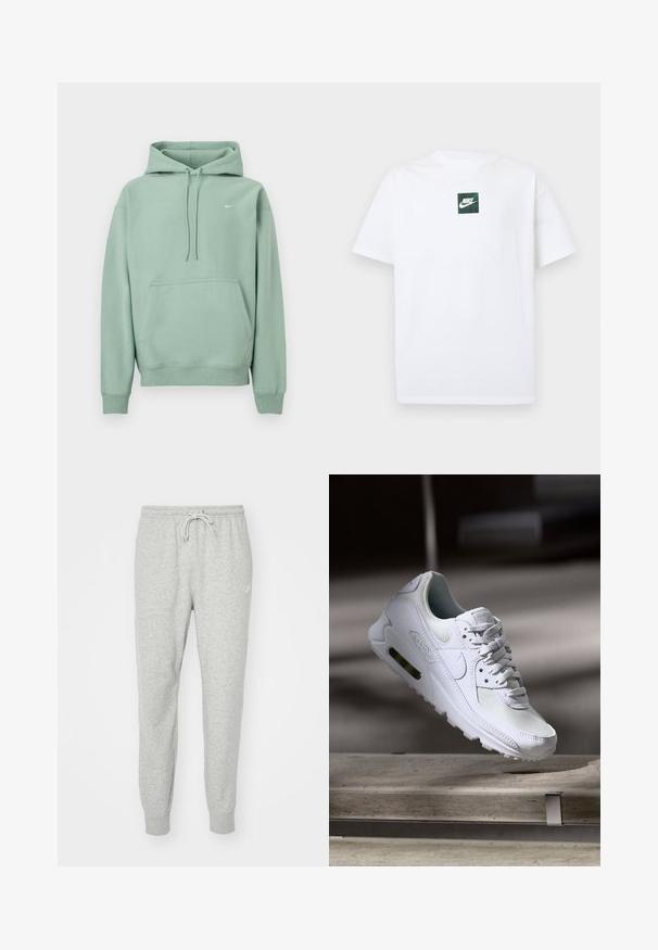 Lichtgroene pullover hoodie met kangoeroezak, trekkoorden en klein wit Nike-logo aan de linkerborst, afgebeeld tegen een witte achtergrond.; Witte Nike T-shirt met korte mouwen en een klein groen vierkant logo met de Nike swoosh en tekst, gecentreerd op de borst.; Grijze sweatpants gemaakt van zacht materiaal met een elastische tailleband, een trekkoordsluiting en ribgebreide boorden. Voorzien van een klein logo aan de zijkant.; Witte Nike Air Max 90 sneaker met een bovenwerk van mesh en leer, een geperforeerde teenbox en een zichtbare luchtunit in de hiel.