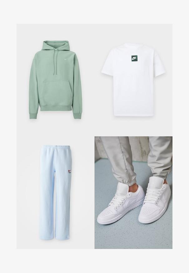 Lysegrøn pullover hoodie med kængurulomme, snoretræk og lille hvid Nike-logo på venstre bryst mod en hvid baggrund.; Hvid Nike T-shirt med korte ærmer og et lille grønt firkantet logo med Nike swoosh og tekst centreret på brystet.; Lysblå joggebukser med elastisk talje, prydet med et lille rødt Nike-logo og teksten "Athletic Department". Blødt bomuldsstof.; Hvide lædersneakers har en perforeret tåboks, flade snørebånd, polstret krave og Jordan-logoet på tungen. Båret med grå joggers.