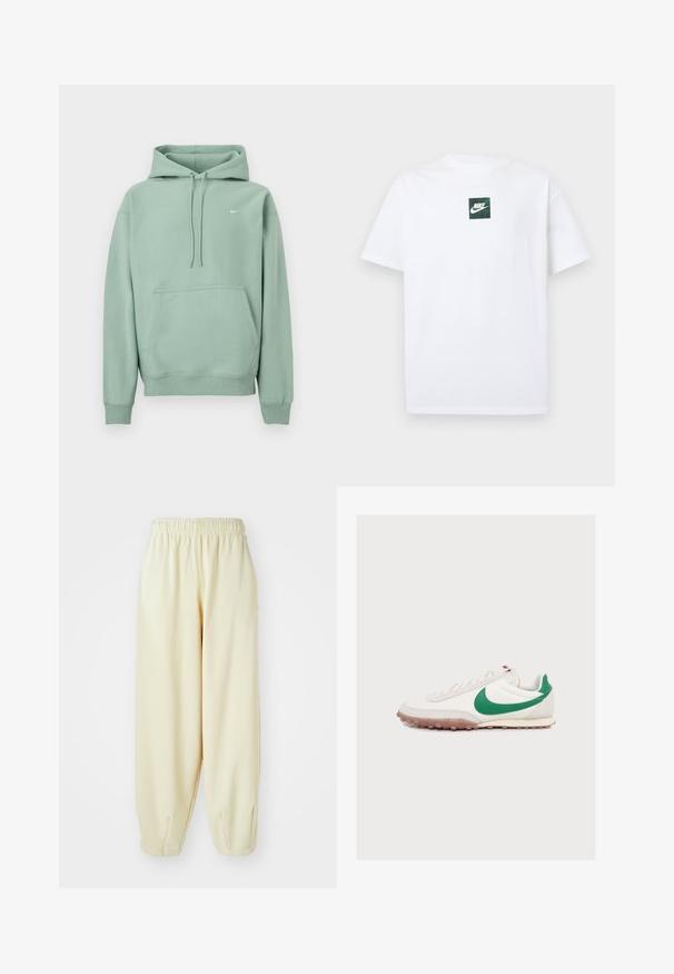 Sudadera con capucha y bolsillo canguro de color verde claro, con cordones y pequeño logo blanco de Nike en el pecho izquierdo sobre un fondo blanco.; Camiseta blanca de manga corta de Nike con un pequeño logo cuadrado verde que presenta el símbolo swoosh de Nike y texto centrado en el pecho.; Pantalones de chándal color crema con cintura elástica, puños de pierna ajustados y un corte holgado. Hechos de una tela suave y ligera.; Zapatilla blanca de corte bajo con el logo verde de Nike, suela beige con dibujo y cordones blancos, mostrada de perfil sobre un fondo liso.