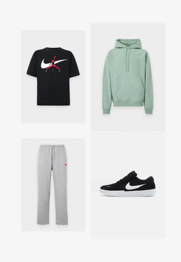 Sweat à capuche vert clair avec poche kangourou, cordons de serrage et petit logo Nike blanc sur la poitrine gauche sur fond blanc.; T-shirt en coton noir à col rond, avec un grand logo Nike swoosh blanc et un logo Jumpman rouge accompagné du texte "AIR" en blanc.; Pantalon de jogging gris clair avec taille élastique et cordon, avec petit logo Nike rouge sur la partie supérieure de la cuisse gauche.; Baskets en suède noires avec accents blancs, dotées d'une pointe arrondie, d'une semelle blanche épaisse et de lacets noirs. Logo Nike blanc bien visible sur le côté.