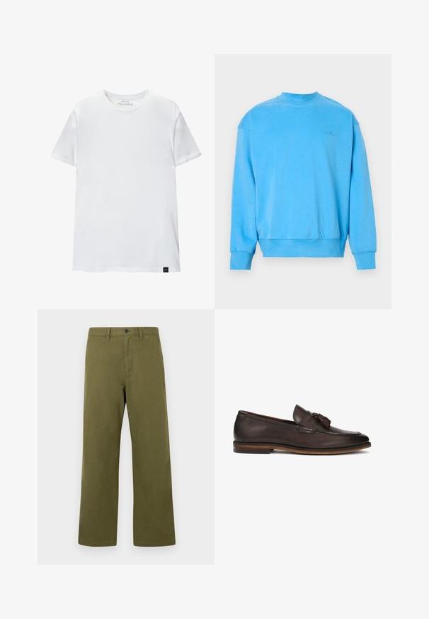 Lyseblå sweatshirt lavet af bomuldsblanding, med ribbet crew neckline og manchetter, en lille logo på brystet og en afslappet pasform.; Hvid muskeltilpasset t-shirt lavet af bomuld. Rund hals, korte ærmer, glat tekstur. Lille sort logo-tag nederst. Enkelt design.; Olivengrønne bukser lavet af bomuld, med et lige ben design, frontknap lukning og bæltestropper. Minimalistisk stil uden mønstre.; Mørkebrun læderloafer med en glat tekstur, dekorative kvaster og en kontrasterende brun sål. Klassisk slip-on design.