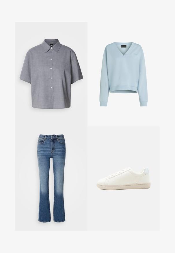 Lyseblå cropped sweatshirt lavet af blødt stof med V-udskæring, lange ærmer og et subtilt broderet logo foran.; Grå kortærmet skjorte lavet af letvægtsstof, med krave, knaplukning foran, en enkelt brystlomme og en afslappet pasform.; Denim flared jeans i lys til mørk blå gradient, med høj talje, fem lommer og lys falming på de nederste ben.; Hvid lavtop-sneaker med snørelukning foran, lys beige sål, subtilt syningsdesign på siden og metalisk sølvhælkappe.