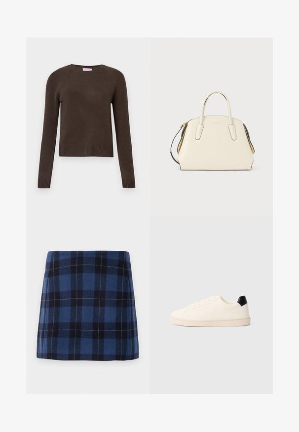 Pull en maille à manches longues marron foncé avec des poignets et un ourlet côtelés, présentant un col rond et une étiquette "From Future" à l'intérieur du col.; Jupe mini en tartan bleu foncé et marine, fabriquée en tissu doux avec une finition légèrement texturée. Présente une coupe droite et des lignes épurées.; Baskets discrètes de couleur blanc cassé avec lacets sur le devant, marquage en relief subtil sur le côté et languette noire au talon, sur un fond uni.; Sac à main en cuir crème avec doubles poignées, bandoulière amovible, ferrures dorées et logo de marque subtil centré sur le devant.