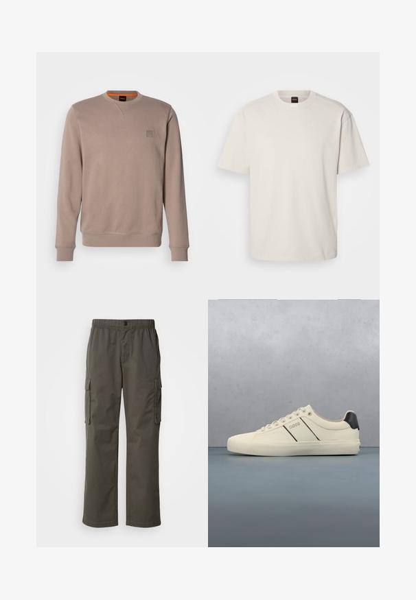 Sudadera beige de manga larga, con cuello semi redondo y puños acanalados. Presenta un pequeño parche de logo texturizado en el pecho. Textura de tela suave.; Camiseta de manga corta y cuello redondo en algodón color blanco roto, con un corte recto y un logo minimalista en el cuello. Textura suave, sin patrones.; Pantalones cargo en gris oscuro con cintura elástica, dos bolsillos laterales y un corte relajado. Fabricados con un tejido duradero y de textura suave.; Zapatillas de color crema con una textura suave, que presentan acentos y marcas en negro. Diseño clásico de cordones con punta redonda y suela de goma.