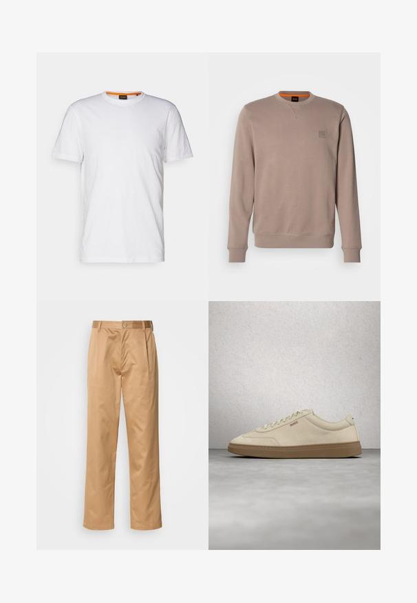 Sudadera beige de manga larga, con cuello semi redondo y puños acanalados. Presenta un pequeño parche de logo texturizado en el pecho. Textura de tela suave.; Camiseta de algodón blanca con cuello redondo, mangas cortas y un sutil logo en relieve en el pecho. La etiqueta interior tiene un acento naranja.; Pantalones caqui, mezcla de algodón, diseño de pierna recta, con pliegues delanteros, trabillas para cinturón y cierre de botón. Textura suave sin patrones.; Zapatilla de ante beige claro con suela de goma color caramelo, cordones prominentes y detalles de costura sutiles. Diseño limpio con una estética minimalista.