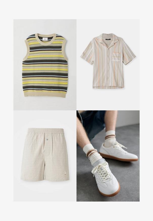 Top de punto sin mangas con rayas horizontales en amarillo, verde, marrón y azul. Escote redondo con borde acanalado en beige. Tejido texturizado.; Camisa de manga corta en beige con rayas verticales en naranja, verde y blanco. Presenta un cuello y un bolsillo en el pecho. Tejido texturizado.; Pantalones cortos de cuadros en beige claro con una textura suave, cintura elástica y un bordado decorativo de un ganso blanco cerca del dobladillo.; Zapatillas de cuero blanco con una textura suave, detalles en gamuza gris, suelas de goma beige y cordones planos. Combinadas con calcetines a rayas en tonos crema y marrón.