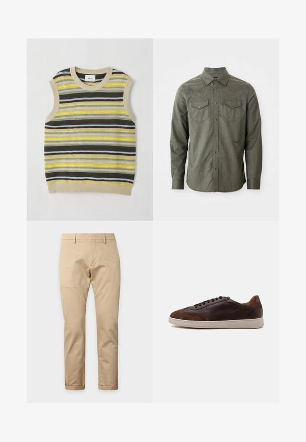 Haut sans manches en tricot avec des rayures horizontales jaunes, vertes, brunes et bleues. Encolure ronde avec une bordure en côte beige. Tissu texturé.; Chemise à boutons à manches longues de couleur verte, fabriquée en tissu texturé. Elle possède deux poches sur la poitrine et un col pointu avec un détail de parcelle de style western.; Pantalon beige à jambes droites avec passants pour ceinture, fermeture éclair devant et ourlets retroussés sur un fond uni clair.; Basket basse en cuir et daim marron avec des lacets marron foncé et une semelle en caoutchouc blanche vue du côté extérieur.