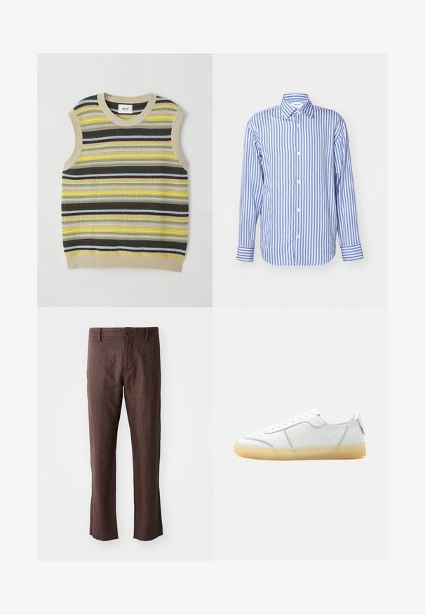 Haut sans manches en tricot avec des rayures horizontales jaunes, vertes, brunes et bleues. Encolure ronde avec une bordure en côte beige. Tissu texturé.; Chemise rayée bleue et blanche, col, manches longues, fermeture à boutons, tissu doux, avec des poignets à boutons et des rayures verticales uniformément espacées.; Pantalon en lin marron avec une texture lisse, présentant une coupe droite, des poches avant, des passants de ceinture et une fermeture à bouton simple à la taille.; Baskets basses en cuir blanc avec semelle beige translucide, lacets à l’avant et détails de couture minimalistes, vues de côté sur un fond uni.