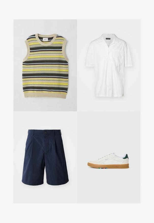 Strikket ærmeløs top med vandrette striber i gul, grøn, brun og blå. Rund halsudskæring med ribbet beige kant. Textureret stof.; Kortærmet hvid skjorte i bomuldsblanding med spidse krave, forlomme og diskret broderet accent på venstre side.; Mørkeblå shorts lavet af letvægtsstof, med knappelukning, sidelommer og et enkelt design med plissee foran.; Hvide lædersneakers med perfereret design, gummisul, grøn hælaccent og farverig stribe detalje på siden.