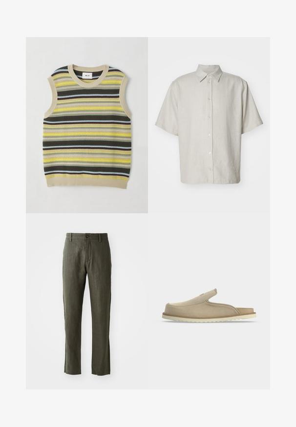 Strikket ærmeløs top med vandrette striber i gul, grøn, brun og blå. Rund halsudskæring med ribbet beige kant. Textureret stof.; Kortærmet skjorte med krave i lys beige med subtile ribbede detaljer, med fem knapper foran og en afslappet pasform.; Olivengrønne linnedbukser med lige snit, der har en frontlås med knap og sidelommer. Stoffet har et struktureret udseende.; Beige slip-on sandal med lukket tå, åben hæl, blødt ruskindsoverdel og hvid tekstureret gummisål, vist i sideprofil på hvid baggrund.