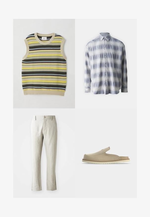 Haut sans manches en tricot avec des rayures horizontales jaunes, vertes, brunes et bleues. Encolure ronde avec une bordure en côte beige. Tissu texturé.; Chemise boutonnée en tissu texturé bleu et blanc avec un motif rayé, dotée de manches longues et d'un col classique.; Pantalons en lin beige clair à coupe droite, texture subtile, fermeture à bouton devant et deux poches latérales. Conçus pour une silhouette épurée.; Sandale beige à enfiler avec bout fermé, talon ouvert, dessus en suédine souple et semelle en caoutchouc blanche texturée, montrée de profil sur fond blanc.