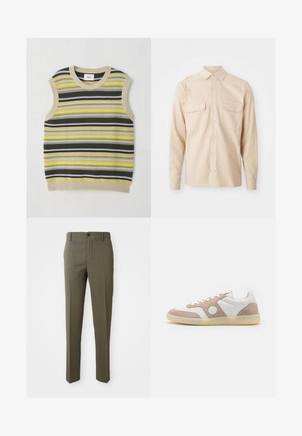 Top de punto sin mangas con rayas horizontales en amarillo, verde, marrón y azul. Escote redondo con borde acanalado en beige. Tejido texturizado.; Camisa de manga larga beige hecha de tela tejida, con dos bolsillos en el pecho, un collar puntiagudo y cierre frontal de botones. Textura suave.; Pantalones ajustados color verde oliva con una textura suave, diseño de pierna recta, un botón frontal y bolsillos laterales para mayor funcionalidad.; Zapatos deportivos blancos y marrón claro con un diseño de ante y cuero, emblema redondo y suela de goma translúcida. Sutiles detalles de costura.