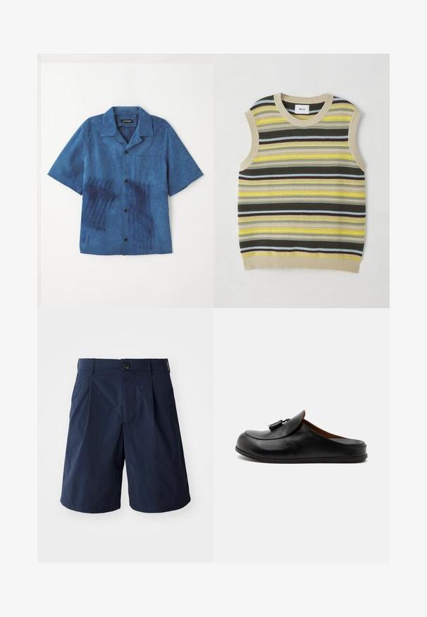 Strikket ærmeløs top med vandrette striber i gul, grøn, brun og blå. Rund halsudskæring med ribbet beige kant. Textureret stof.; Kortærmet blå ruskindsskjorte med sorte knapper og en enkelt brystlomme, lagt fladt på en hvid baggrund.; Mørkeblå shorts lavet af letvægtsstof, med knappelukning, sidelommer og et enkelt design med plissee foran.; Sort læder rygfri loafer med kvaster på toppen, vist fra siden på en lys ensfarvet baggrund.