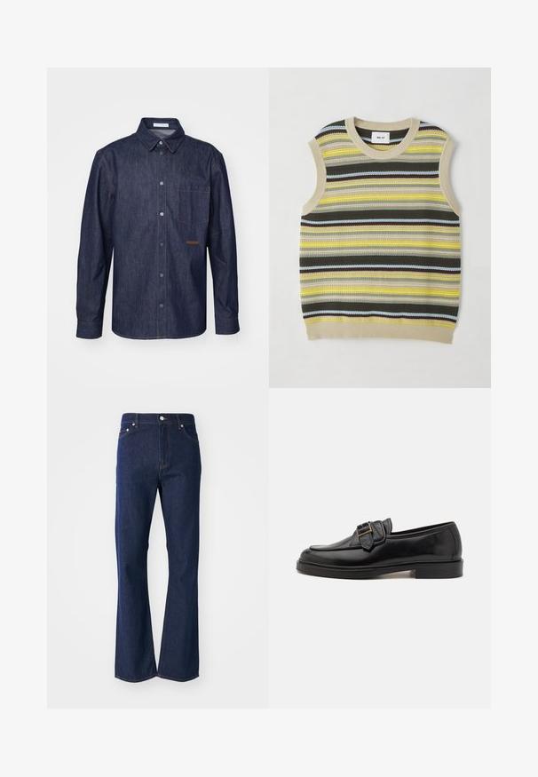 Haut sans manches en tricot avec des rayures horizontales jaunes, vertes, brunes et bleues. Encolure ronde avec une bordure en côte beige. Tissu texturé.; Chemise en denim foncé avec un devant boutonné, un col pointu, une poche poitrine unique et des détails de couture contrastants.; Jeans évasés de couleur bleu foncé en denim. Comprend cinq poches, une fermeture éclair à l'avant et un bouton métallique. Accents de couture classique.; Mocassins en cuir noir avec un bout arrondi et une boucle décorative. Talon plat, solide et texture lisse sur l'ensemble.