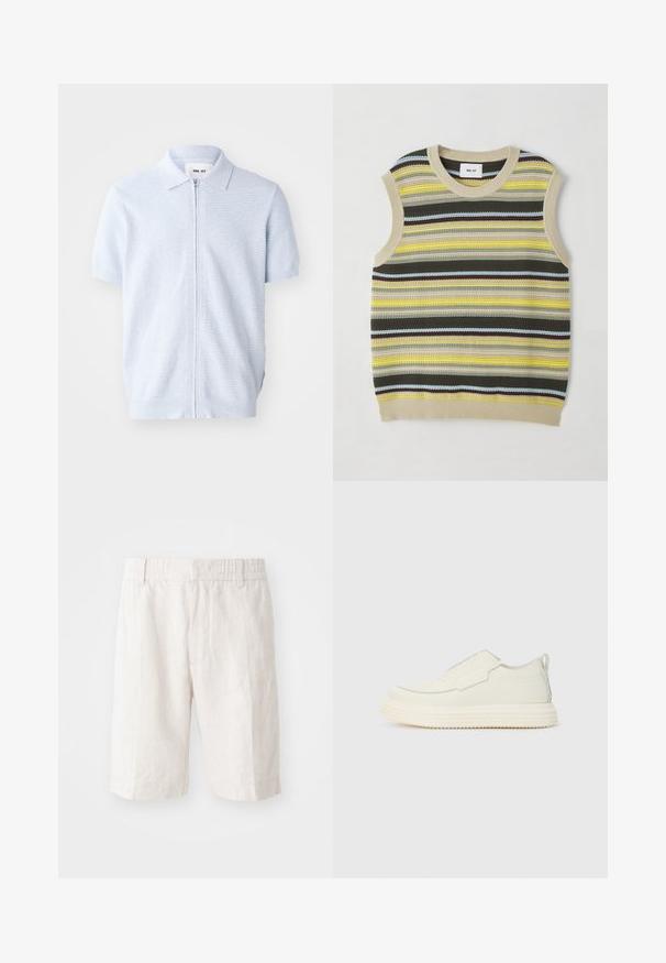 Kudotut hihattomat paidat, joissa on vaalean keltaisia, vihreitä, ruskeita ja sinisiä vaakasuoria raitoja. Pyöreä kaula-aukko, jossa on ribbi-osion beige reunus. Kuitukangas.; Vaaleansininen lyhythihainen polo-paita, jossa on vetoketju ja ribbitekstuuri, klassinen kauluksen muotoilu ja suora helma.; Housut lyhyet pellavasta vaaleanbeigeinä, joissa on joustava vyötärö, sivutaskut ja suora leikkaus. Sileä pinta, jossa on minimaalinen näkyvä sauma.; Helppokäyttöinen lenkkari luonnonvalkoisesta teksturoidusta materiaalista, jossa on paksu, uurrettu pohja. Varustettu minimaalisilla saumoilla ja hillityllä vaaleansinisellä yksityiskohdalla.