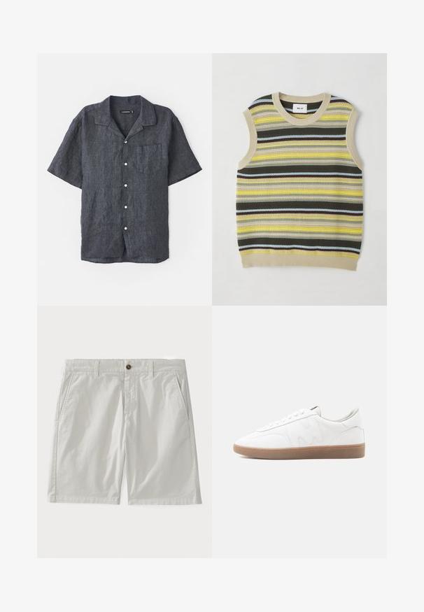 Strikket ærmeløs top med vandrette striber i gul, grøn, brun og blå. Rund halsudskæring med ribbet beige kant. Textureret stof.; Kortærmet skjorte i antracit lin med afslappet krave, frontlomme og hvide knapper. Glat tekstur med subtile stofvariationer.; Hvide bomulds shorts med knaplukning, bæltestropper og sidelommer. Stoffet ser glat ud med et klassisk, skræddersyet design.; Hvid lav sneaker med gummisål i naturfarve, syninger og snørebånd på neutral baggrund.