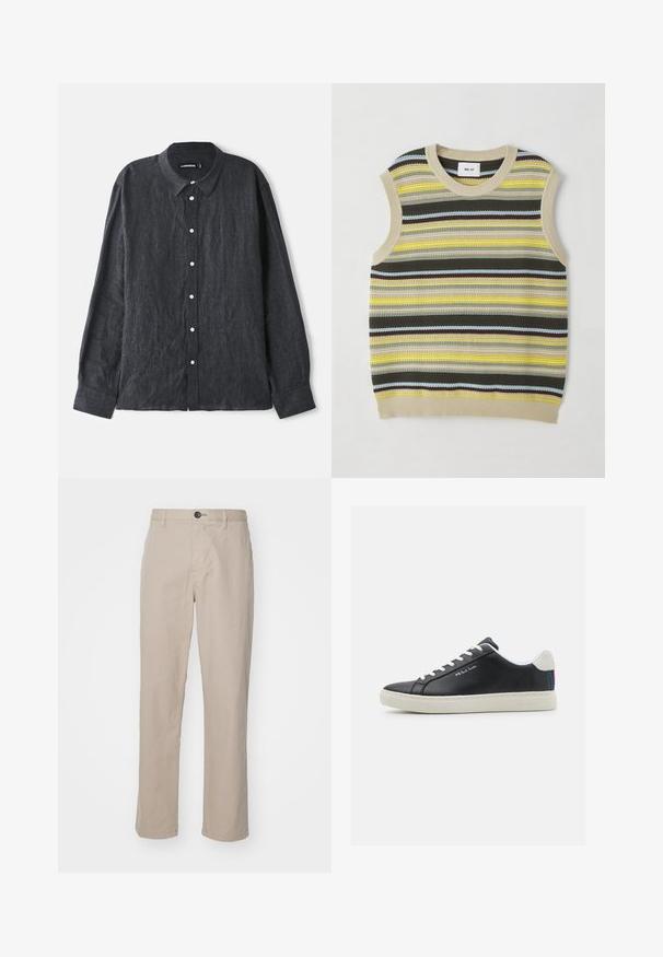 Strikket ærmeløs top med vandrette striber i gul, grøn, brun og blå. Rund halsudskæring med ribbet beige kant. Textureret stof.; Mørkegrå linned skjorte med lange ærmer og knap-ned krave, med en frontplacket med hvide knapper og en afslappet pasform.; Beige lige benbukser i letvægtsstof, med knaplukning og subtile syninger. Flad front med sidelommer.; Sorte læder sneakers med hvide snørebånd og gummisål. Har en blå, rød og grøn stribet detalje ved hælen. Indeholdt syede detaljer.