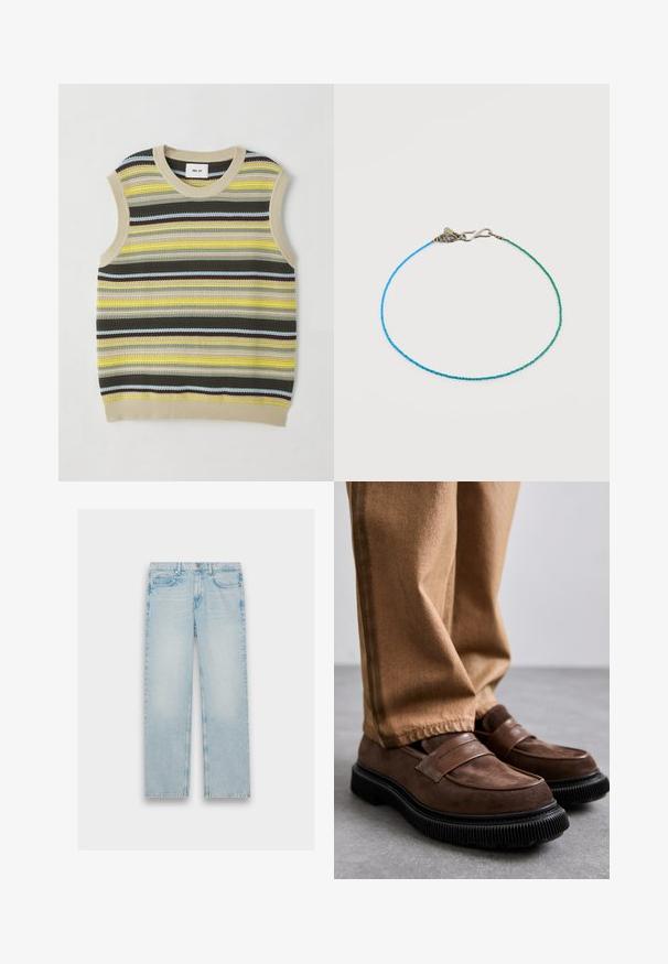 Gebreide mouwloze top met horizontale strepen in geel, groen, bruin en blauw. Ronde halslijn met ribgebreide beige afwerking. Gestructureerde stof.; Lichtblauwe denim jeans met een recht model, vijf zakken en een vervaagde afwerking. Metaalbeslag en gestikte details zijn zichtbaar.; Bruine suède instappers met een dikke zwarte rubberen zool en decoratieve banddetail. Draagt ze met beige broeken.; Delicaat armbandje met kleine blauwe en groene vierkante kralen en een zilveren haaksluiting op een witte achtergrond.