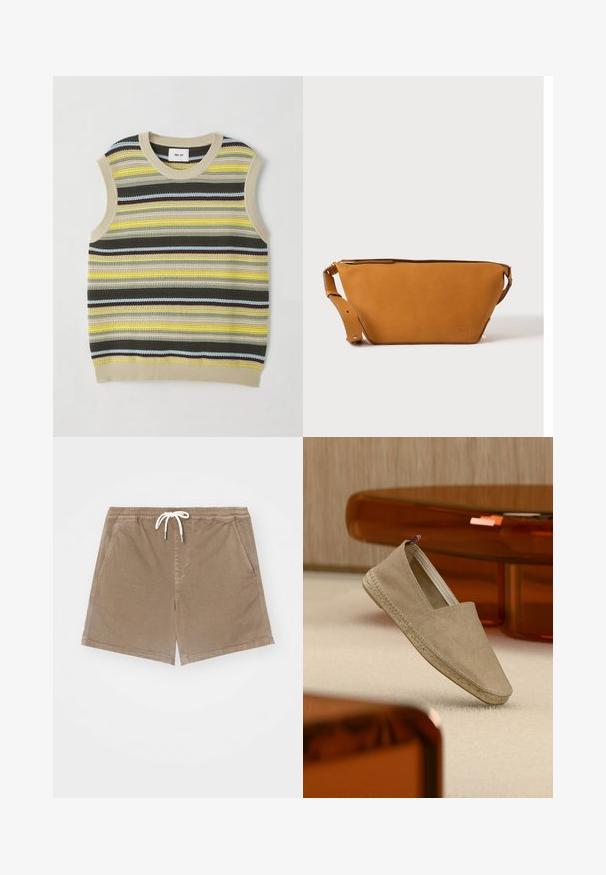 Haut sans manches en tricot avec des rayures horizontales jaunes, vertes, brunes et bleues. Encolure ronde avec une bordure en côte beige. Tissu texturé.; Shorts en coton marron avec une taille élastique et un cordon de serrage blanc, dotés de deux poches latérales et d'une coupe droite.; Espadrille en toile beige avec semelle tressée et petite languette tricolore sur le talon, posée sur un tapis clair avec un mobilier teinté d'ambre en arrière-plan.; Sac bandoulière en cuir marron clair avec sangle réglable et fermeture éclair, présenté sur un fond clair uni.