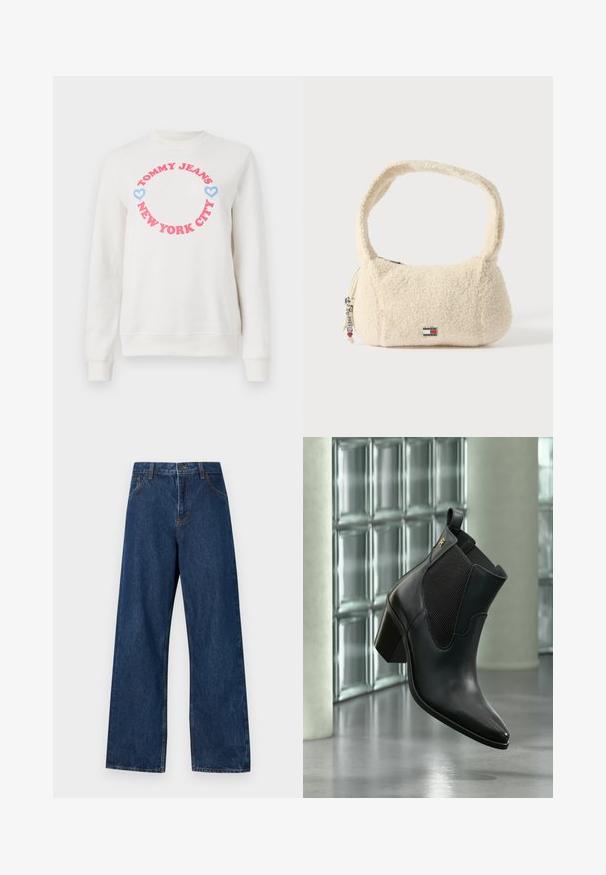 Weißer Sweatshirt mit einem runden Grafikdesign, auf dem "TOMMY JEANS" in Pink und "NEW YORK CITY" darunter steht, ergänzt durch blaue Herzen. Aus weichem Baumwollmaterial.; Dunkelblaue weitgeschnittene Jeans aus Denim mit klassischem Fünf-Taschen-Design. Mit Kontrastnähten und einem Frontknopfverschluss.; Schwarzer Leder-Stiefelette mit Blockabsatz und elastischem Seitenpanel, schwebend in Innenräumen vor einer Glasbausteinwand und Betonboden.; Handtasche in Cremefarbe aus weichem, strukturiertem Material mit geschwungenem Träger, rundlicher Form, Reißverschluss und Markenlogo-Akzent.