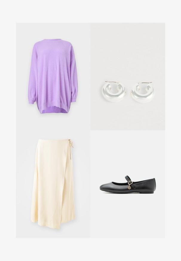 Blød lavendel oversized sweater med lange ærmer, ribbede manchetter og en en smule længere bagkant.; Cremefarvet, let vævet omslagsnederdel fremstillet af blødt stof, med en bindelukning på siden og en svævende A-form.; Sort Mary Jane-lædersko med flad sål, lille guldbælte og rund vedhæng på hvid baggrund.; Sølvfarvede øreringe med en glat, rundet form. Fremstillet af reflekterende materiale, med en diskret buet form og en metalhængsel.