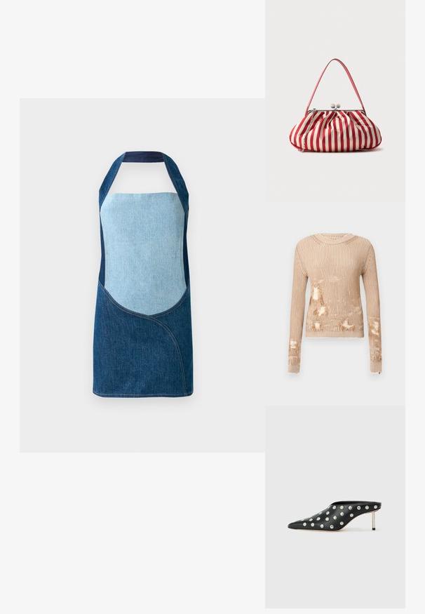 Strikket sweater i lysebeige med lodrette striber, der har flere slidte områder, hvor det indvendige stof er eksponeret, og med frynser på ærmekanterne.; Denimforklæde med en blanding af lyse og mørke blå stoffer, med buede paneldesign og halterneck silhuet.; STAND STUDIO KELSEY - Mules med hæl - black; Rødt og hvidt vertikalt stribet stofpung med sølvspænde, tynd hank og en ekstra sølvkæderem, placeret på en ensfarvet baggrund.