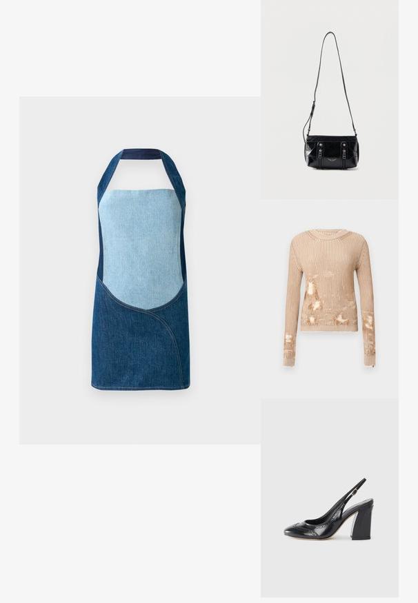 Gebreide trui in lichtbeige met verticale strepen, voorzien van meerdere versleten plekken die de binnenstof blootleggen en rafelige manchetten.; Denim schort met een mix van licht en donkerblauwe stoffen, met gebogen paneelontwerpen en een halternek silhouet.; Zwarte leren slingback pump met een ronde neus, brogue-details en een glanzende afwerking. Heeft een chunky blokhak en een zijgesp.; Zwarte leren schoudertas met verstelbare riem, twee verticale ritsen aan de voorkant en een klein metalen vleugelembleem onder de ritsen.
