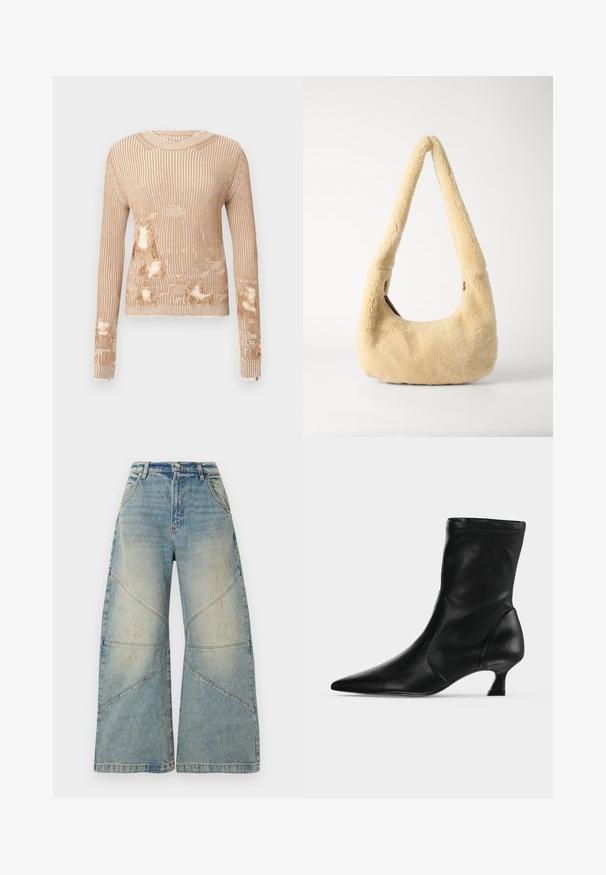 Pull en tricot beige clair avec des rayures verticales, présentant plusieurs zones usées laissant apparaître le tissu intérieur et des poignets effilochés.; Jean bleu clair à jambes larges, taille haute, fermeture par bouton et zip, poches avant et détails de coutures diagonales.; Botte mi-mollet en cuir noir avec bout pointu et petit talon kitten, vue de profil sur un fond clair uni.; Sac à épaule en shearling beige avec une poignée incurvée et une forme arrondie. La texture est douce et pelucheuse, avec des accents matériels minimaux.