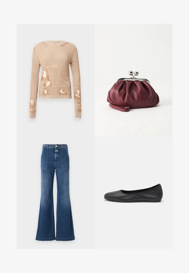 Gebreide trui in lichtbeige met verticale strepen, voorzien van meerdere versleten plekken die de binnenstof blootleggen en rafelige manchetten.; Hoge taille flared jeans in middelblauw denim met een vervaagde afwerking. Heeft patchzakken en een knoopsluiting. Schoon zoom.; Zwarte leren ballerina met een ronde neus, gladde textuur, minimale stikdetails en een flexibele zoolontwerp.; Kleine bordeauxrode leren clutch-portemonnee met zilverkleurige metalen sluiting en polsbandje op een witte achtergrond.