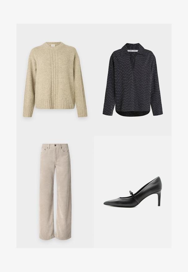 Suéter beige de punto con cuello redondo, puños acanalados y sutil patrón vertical. Textura suave y ajuste relajado que aumentan la comodidad.; Blusa negra de manga larga con rayas verticales blancas de puntos, cuello abierto y ajuste relajado.; Pantalones de pana anchos beige con rayas verticales, con cierre de botón y bolsillos frontales. Tejido suave y texturizado con un ajuste relajado.; Zapato de tacón alto de cuero negro con punta puntiaguda, con tira fina y hebilla sobre el empeine, sobre fondo claro y neutro.
