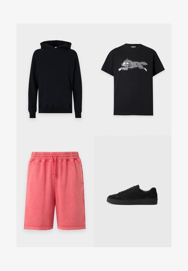 Haut à capuche noir en coton avec une poche kangourou, des manches longues et un cordon de serrage. Poignets et ourlet côtelés, tissu texturé. Coupe classique.; T-shirt noir manches courtes avec un loup courant stylisé fait de petits points réfléchissants sur la poitrine.; Shorts décontractés rose corail avec taille élastique et cordon ajustable, deux poches latérales et petit logo blanc sur la jambe droite.; Basket en suède noire avec une semelle plate et texturée, un bout rond, six œillets pour les lacets et un design minimaliste.