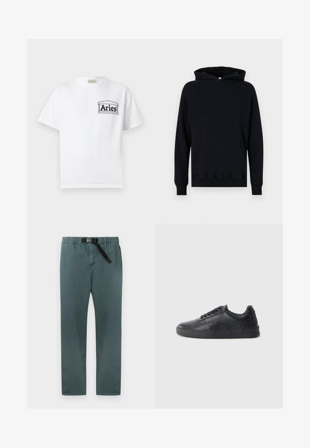 Haut à capuche noir en coton avec une poche kangourou, des manches longues et un cordon de serrage. Poignets et ourlet côtelés, tissu texturé. Coupe classique.; T-shirt blanc à manches courtes avec un petit logo noir "Bélier" à l'intérieur d'un cadre rectangulaire sur la partie gauche de la poitrine.; Pantalon droit vert foncé avec taille élastique et ceinture noire intégrée réglable avec fermeture à boucle.; Chaussure de sport en cuir noir avec une finition lisse, bout arrondi, panneau latéral texturé et lacets noirs. Présente une semelle en caoutchouc plate et un design minimaliste.