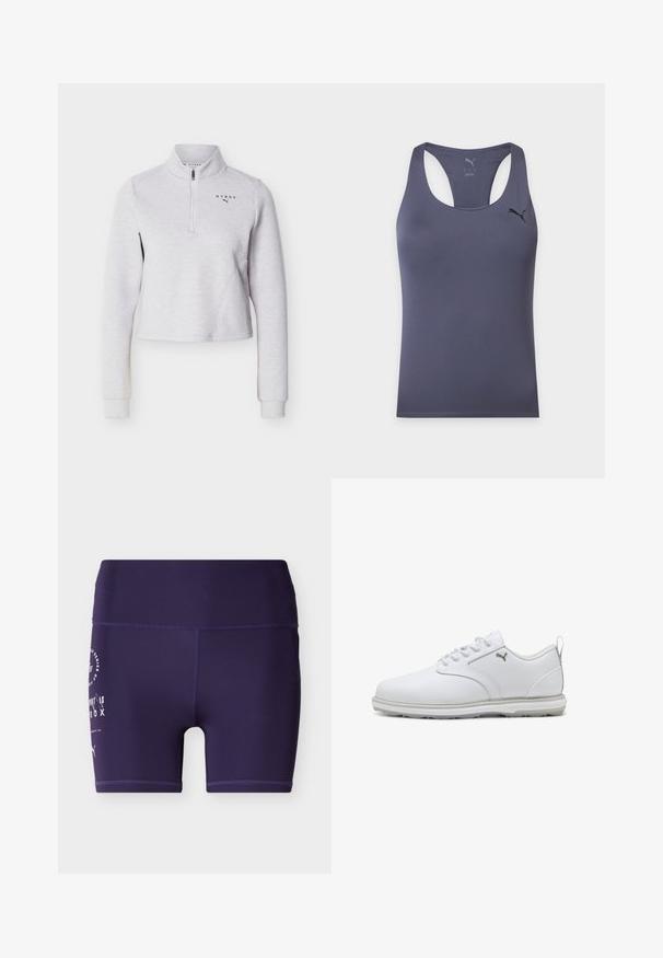 Helehall pikkade varrukatega neljandiku lukuga dressipluus kõrge kraega, millel vasakul rinnal on logod "HYROX" ja Puma.; Tumehall varrukateta sportlik top racerback-ga ja väikese musta Puma logoga vasaku ülemise rinna kohal.; Tumelilla kõrge vöökohaga spordipüksid, millel vasakul reiel valgete trükitähtede ja logoga kujundus, esitatuna lihtsa tausta ees.; Valged spordijalatsid siledast sünteetilisest nahast pealsega, tekstureeritud aktsentidega, pehmendatud krae ja kummist sisetallaga, mis tagab hea haarde. Hõbedane logo detail.