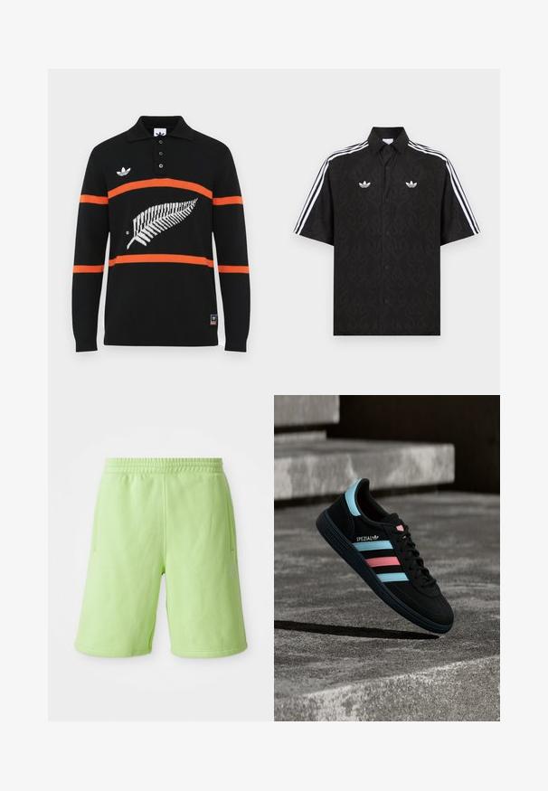 Must musta varrukatega polo, millel on oranžid triibud, valge sõnajala kujundus ja kolme nupuga tõmblukk. Keeled on rinnal brodeeritud logo.; Must lühikeste varrukatega särk, millel on peen leekide muster, valged Adidas Trefoil logod rinnal ja valged kolmiktriibud varrukatel.; Vaskrohelised lühikesed püksid, mis on valmistatud pehmest kangast, elastse vöökoha, külgtaskute ja väikese valge logosilmega all paremal küljel.; Must Adidas Spezial toss siniste ja roosade triipudega, hõljumas tekstuurse halli betoonpinna kohal, all varjuga.