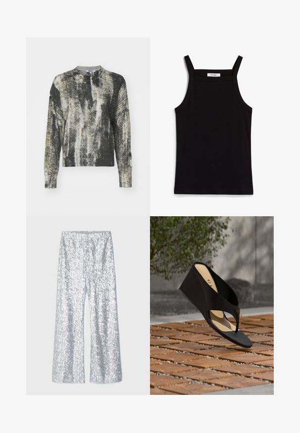Textureret strikket sweater med rund halsudskæring. Farvepalet i sort, hvid og gul, der minder om abstrakte penselstræk. Lange ærmer og ribbet kant.; Sort tanktop med tynde spaghetti-stropper, lavet af et ribbet stof, med en lige skæring og et mærke ved halsudskæringen, der står "IVY OAK."; Sølv palietbukser med flared ben og elastisk talje. Har en skinnende overflade og bred ben silhuet.; Sort kile-sandal med tårem og gyldent trekantet logoemblem, vist over tekstureret murstensgrund med grønt område og væg i baggrunden.