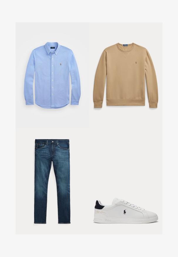 Beiger Langarm-Crewneck-Pullover mit gerippten Bündchen an Ärmeln und Saum sowie dem Polo Ralph Lauren Logo, das auf der linken Brust aufgestickt ist.; Helles Blaues Langarm-Hemd mit Knopfleiste, hergestellt aus weicher Baumwolle, verfügt über einen klassischen Kragen und ein kleines gesticktes Logo auf der Brust.; Dunkelblaue Slim-Fit-Jeans mit vorderem Knopf und Reißverschluss, fünf Taschen sowie dezenter Verfärbung an den vorderen Oberschenkeln und Knien.; Weißer Low-Top-Sneaker mit schwarzem Polospieler-Logo an der Seite, navyfarbener Fersenschlaufe, weißen Schnürsenkeln und "Ralph Lauren" goldener Signatur nahe der Ferse