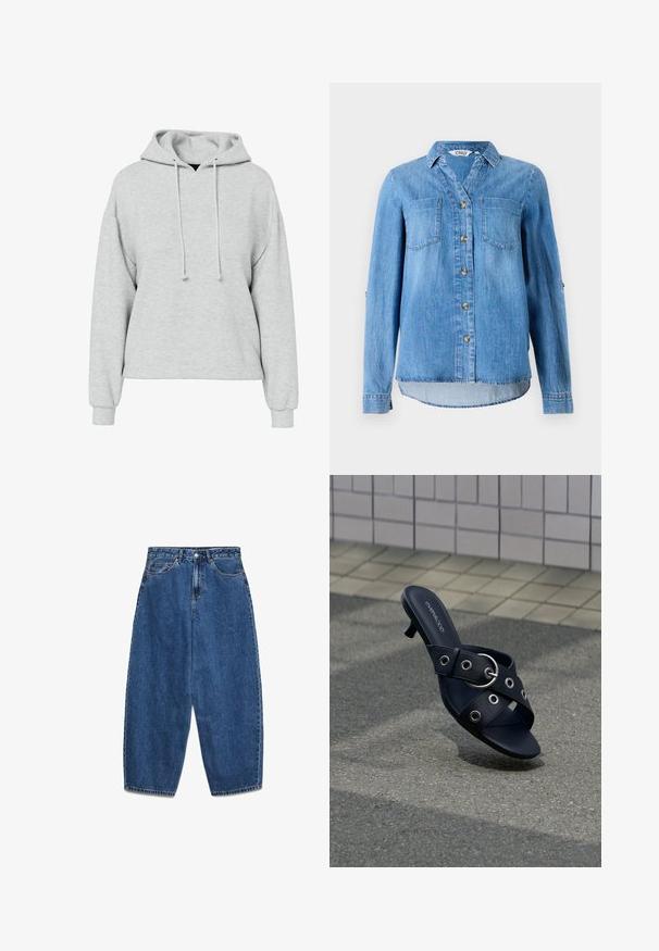 Sudadera gris con un ajuste amplio, mangas largas y capucha con cordón. La tela parece suave, con una textura sutil y sin patrones o detalles visibles.; Camisa de mezclilla azul claro con un frente de botones, dos bolsillos en el pecho y mangas enrollables con detalles de botón.; Vaqueros de mezclilla azul con cintura alta, corte relajado y pierna recta. Diseño clásico de cinco bolsillos con cierre de cremallera y botón.; Sandalia negra de tacón con tiras cruzadas que presentan ojales plateados y una hebilla redonda, situada sobre un pavimento texturizado junto a una pared con azulejos.