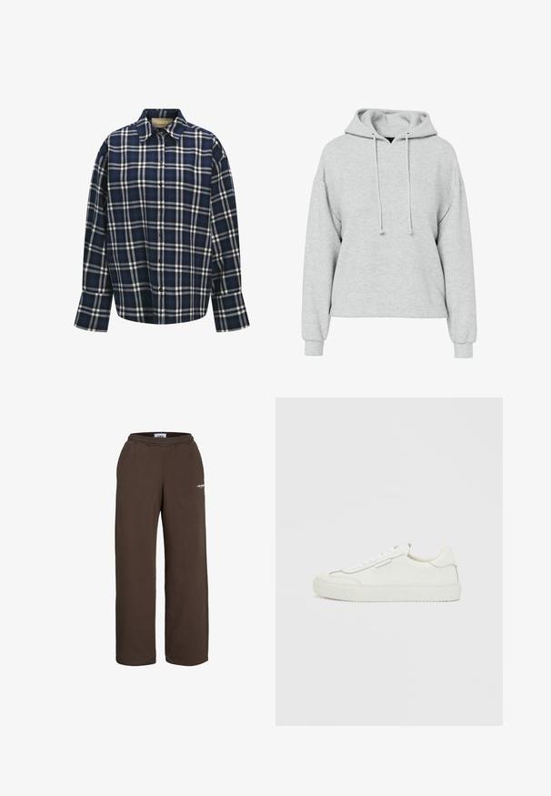 Grå hættetrøje med rummelig pasform, lange ærmer og justerbar hætte. Stoffet virker blødt med en subtil tekstur uden synlige mønstre eller detaljer.; Tjekket skjorte i marineblå, hvid og sort. Har krave, knaplukning foran og lange ærmer med manchetter. Blød stoftekstur.; Brune vidde-buksede joggingbukser med elastisk talje og lille hvid tekstlogo på den øverste lår mod en hvid baggrund.; Hvid lav sneaker med bølgede kanter, snørelukning og flad gummisål på en ensfarvet hvid baggrund.