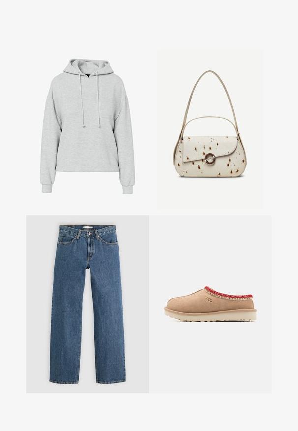 Sweat à capuche gris avec une coupe ample, manches longues et une capuche à cordon. Le tissu semble doux avec une texture subtile, sans motifs ni accents visibles.; Jean en denim bleu avec une coupe droite, comportant cinq poches, une fermeture à bouton et des coutures contrastées le long des coutures.; Chaussure slip-on en daim beige avec des accents tissés rouges autour du col, semelle texturée et léger amorti pour le confort.; Sac à main couleur crème avec des taches marron, rabat incurvé avec une fermeture métallique circulaire, doté de deux fines anses, dont une plus longue pour porter à l'épaule.
