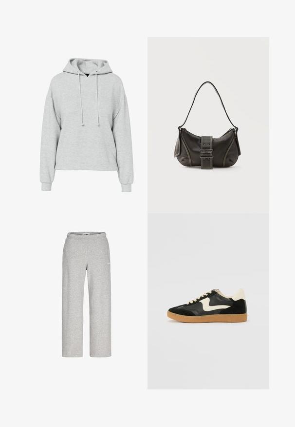 Sudadera gris con un ajuste amplio, mangas largas y capucha con cordón. La tela parece suave, con una textura sutil y sin patrones o detalles visibles.; Pantalones deportivos de pierna recta de color gris claro con cintura elástica y un pequeño logo blanco en el muslo superior.; Zapatillas de deporte de ante y cuero negro con un swoosh lateral en crema y un talón en crema claro. Presenta cordones beige y una suela de goma marrón.; Bolso de hombro de cuero negro con detalle de correa con hebilla, bordes curvos y costuras blancas en contraste sobre un fondo liso.
