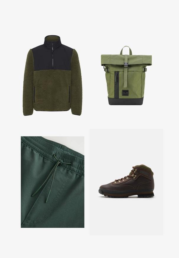 Fleece pullover i olivengrøn med en sort nylon brystpanel. Har en høj krave, en halv lynlås lukning og sidelommer.; Mørkegrønne sweat shorts med elastisk talje og snørelukning, glat tekstur og synlige stingdetaljer. Enkel, funktionel design.; Brune læder vandrestøvle med grøn stofkrave. Har metal snørehuller, gummisål og struktureret sål til greb.; Grøn rulle-top rygsæk med sorte accenter, lavet af tekstureret stof, med en front lynlås lomme og justerbare stropper.
